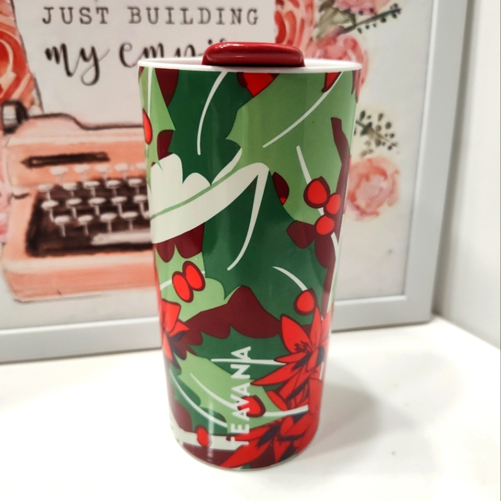 NWT Teavana/STARBUCKS Holiday Poinsettia Floral 10 oz Ceramic Travel Mug w/Lid